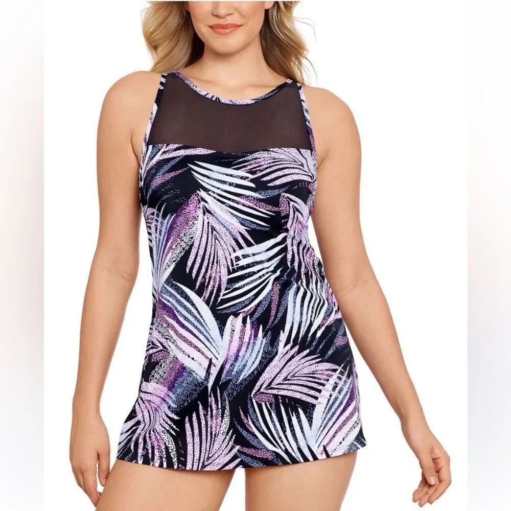 SWIM SOLUTIONS Swimdress NEW Shaping Slimming High Neck Purple Black Plus Sz 16